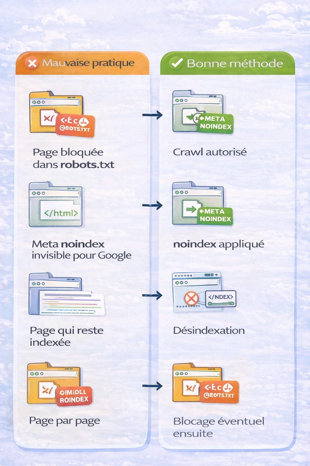 Infographie SEO comparant une mauvaise pratique et une bonne méthode de désindexation : à gauche, une page bloquée dans le robots.txt avec une balise noindex invisible pour Google qui reste indexée ; à droite, la bonne approche avec crawl autorisé, noindex appliqué, désindexation effective puis blocage éventuel.