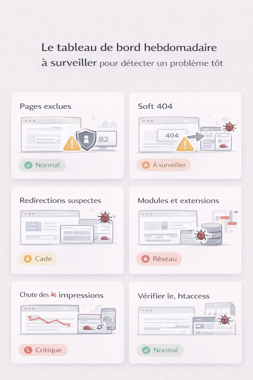 Infographie de type tableau de bord montrant les indicateurs à surveiller chaque semaine pour repérer rapidement une infection ou une anomalie SEO sur un site.