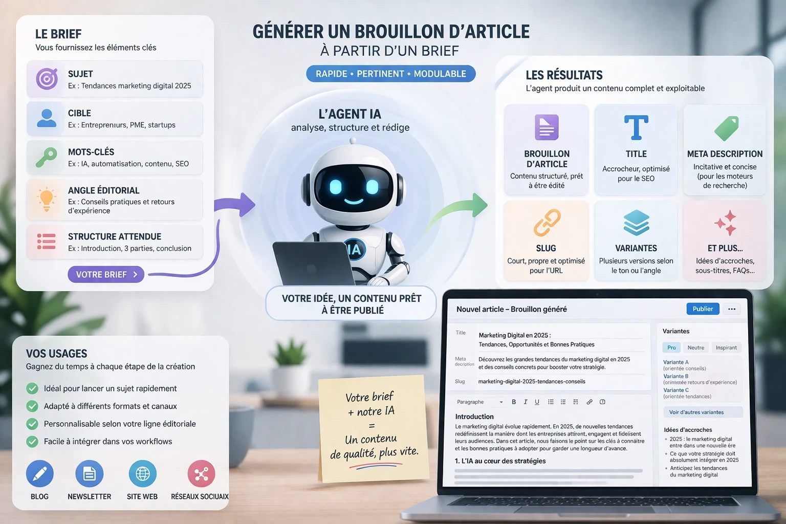 Schéma illustrant la génération automatique d’un brouillon d’article par un agent IA à partir d’un brief avec sujet, cible, mots-clés, angle éditorial et structure attendue.