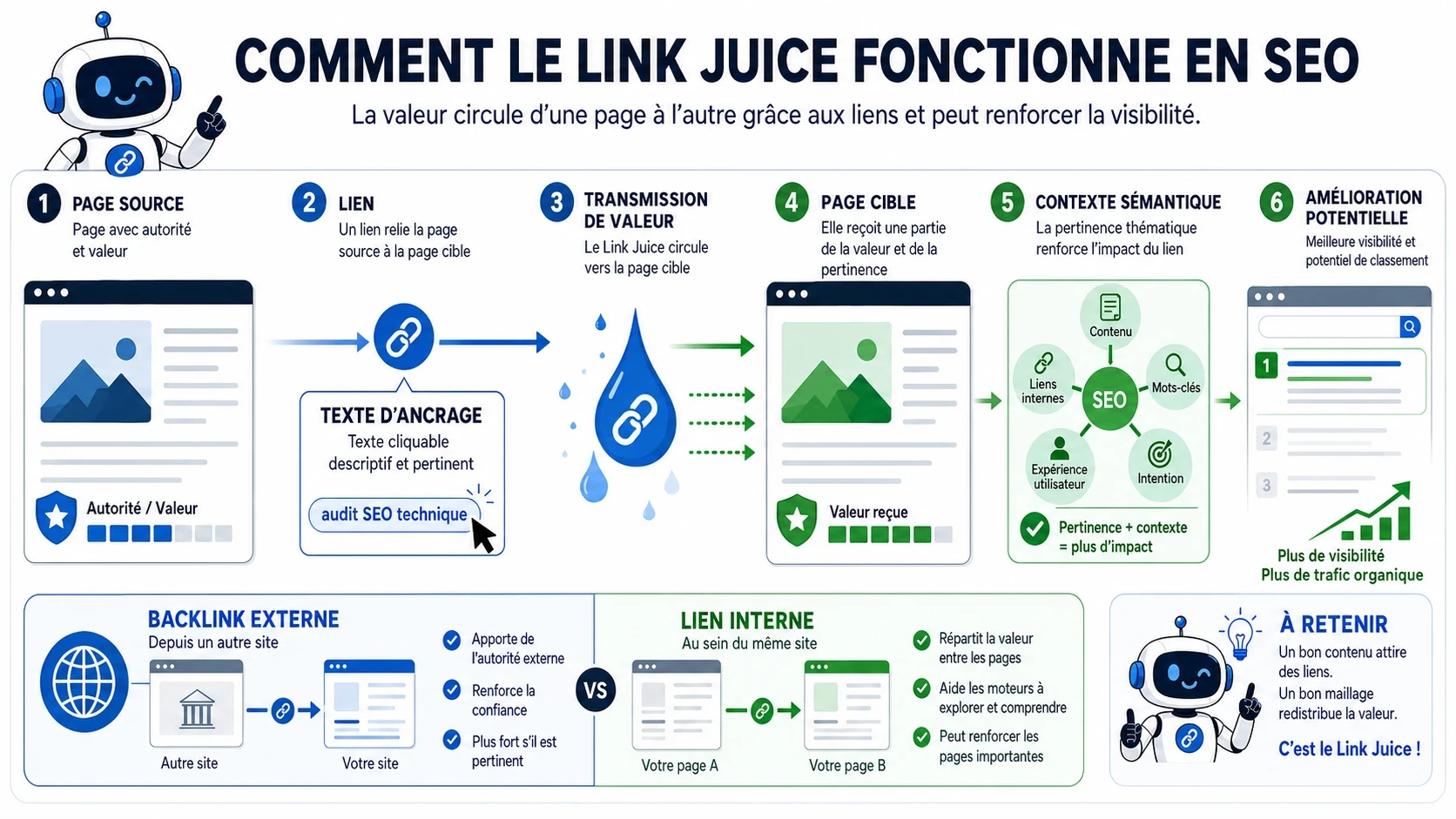 Schéma pédagogique montrant comment le Link Juice circule d’une page source vers une page cible via un lien interne ou un backlink.