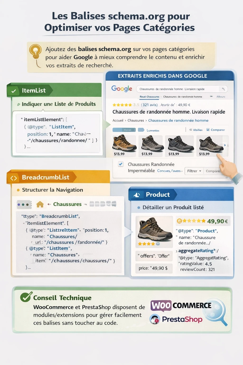 Infographie : balises schema.org pour pages catégories e-commerce — ItemList (liste de produits), BreadcrumbList (fil d’Ariane) et Product (produits listés), avec exemple d’extrait enrichi dans Google et mention WooCommerce/PrestaShop.