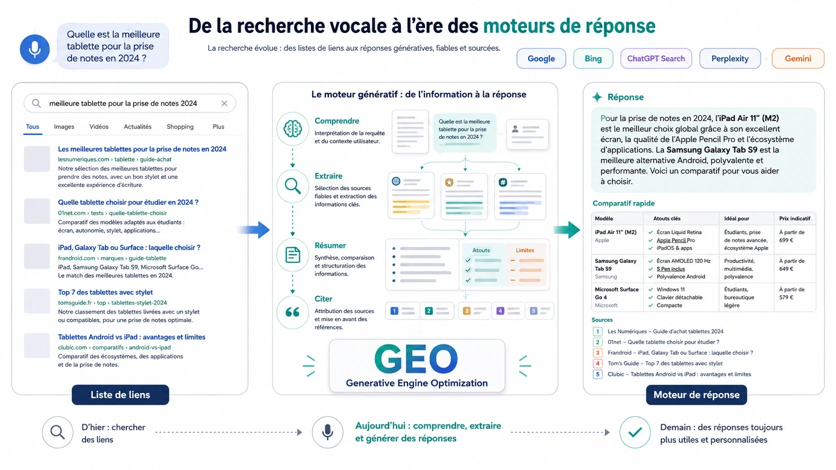 Illustration de l’évolution de la recherche vocale vers les moteurs de réponse et le GEO, avec comparaison entre liste de liens, extraction d’informations et réponse générée avec sources