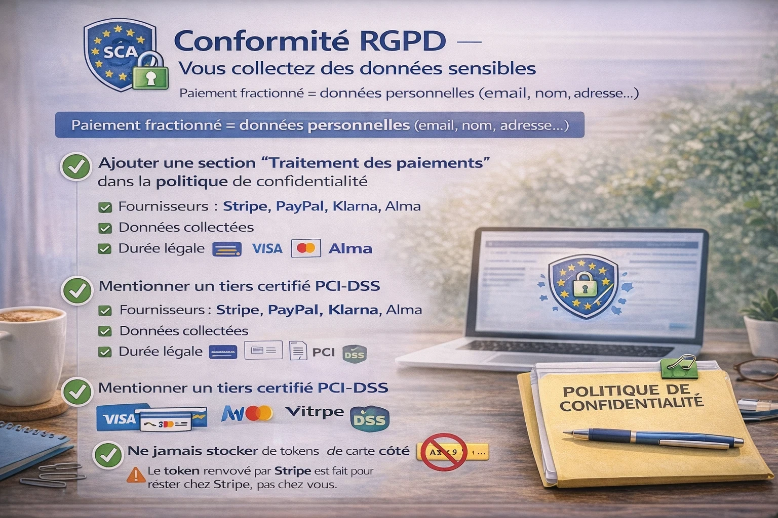Infographie RGPD “paiement fractionné” : checklist simple (section “traitement des paiements” dans la politique de confidentialité, paiement géré par un tiers PCI-DSS, ne jamais stocker de token carte côté Joomla) avec pictos sécurité.