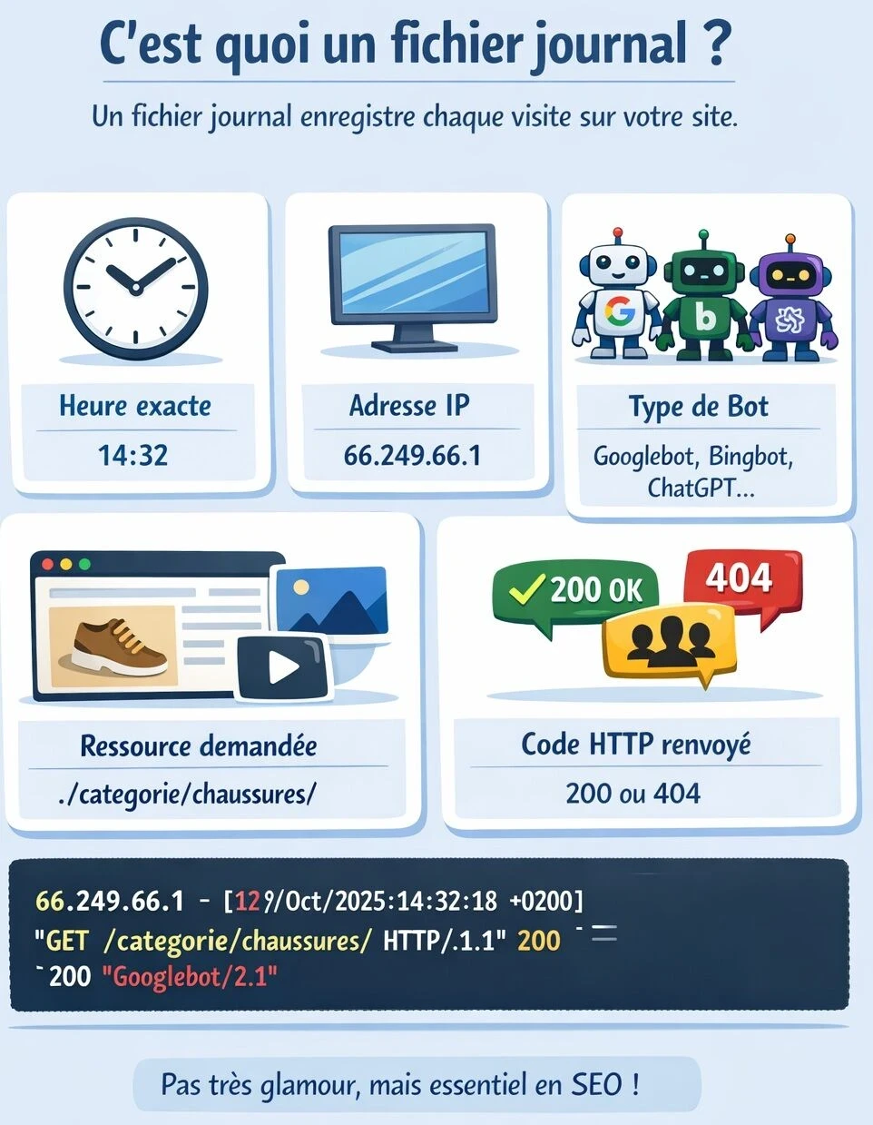 Infographie expliquant le fonctionnement d’un fichier journal serveur avec exemple de ligne de log Googlebot.
