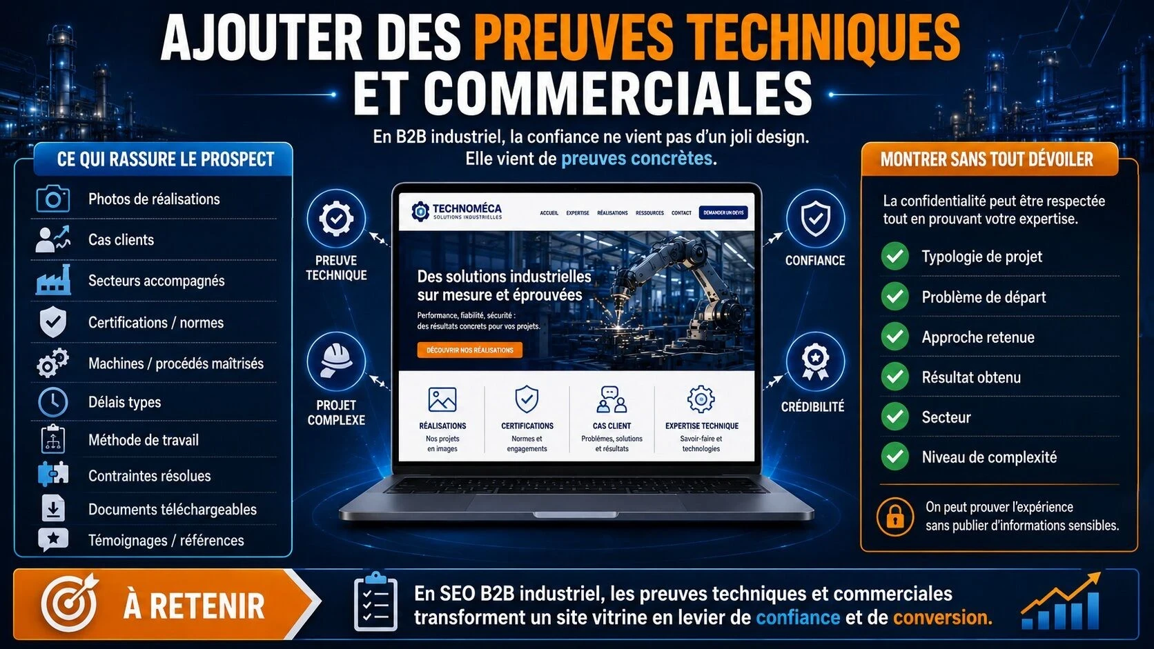 Illustration des preuves techniques et commerciales à mettre en avant sur un site B2B industriel pour rassurer le prospect et générer des leads qualifiés