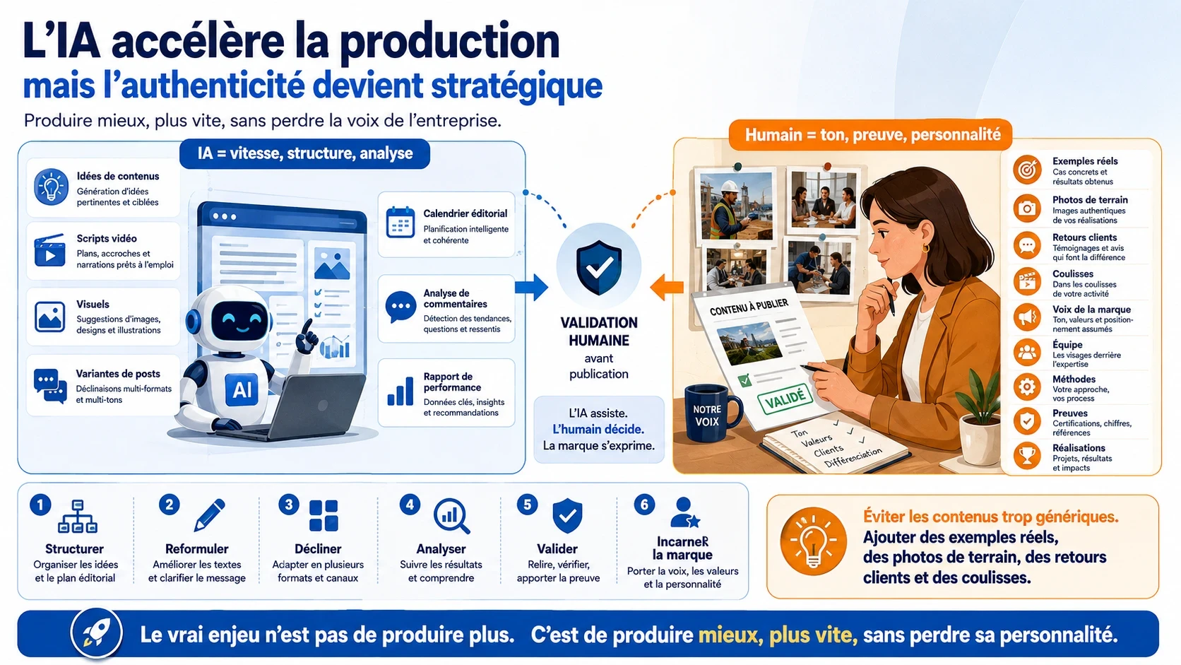 Infographie montrant comment l’IA accélère la production de contenus tout en rappelant l’importance de la validation humaine, de l’authenticité, des preuves, des retours clients et de la voix de marque