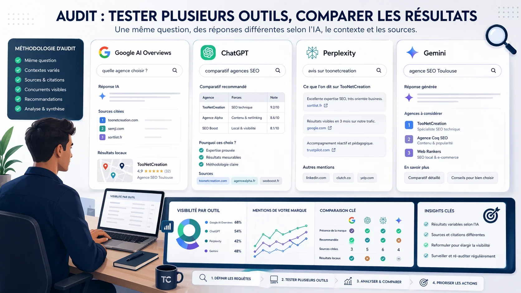 Comparaison des résultats d’un audit de visibilité IA sur Google AI Overviews, ChatGPT, Perplexity et Gemini avec analyse des sources, citations et concurrents mentionnés