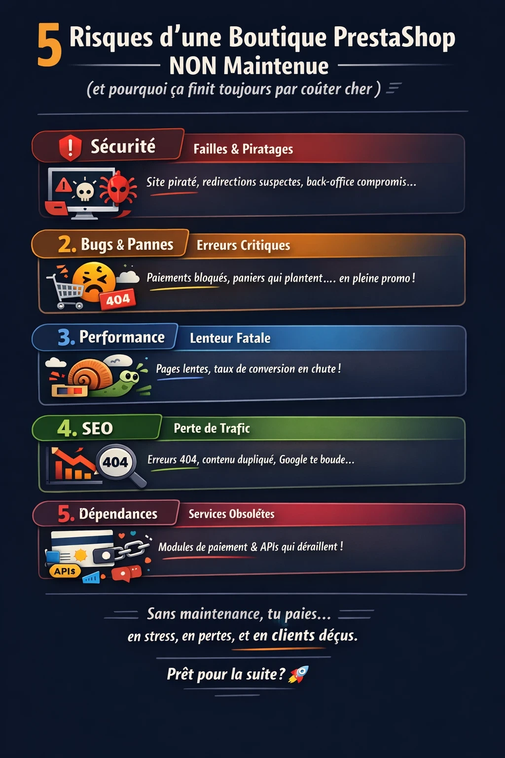 infographie représentant les 5 risuqes de ne pas maintenir correctement un site e-commerce sous prestashop