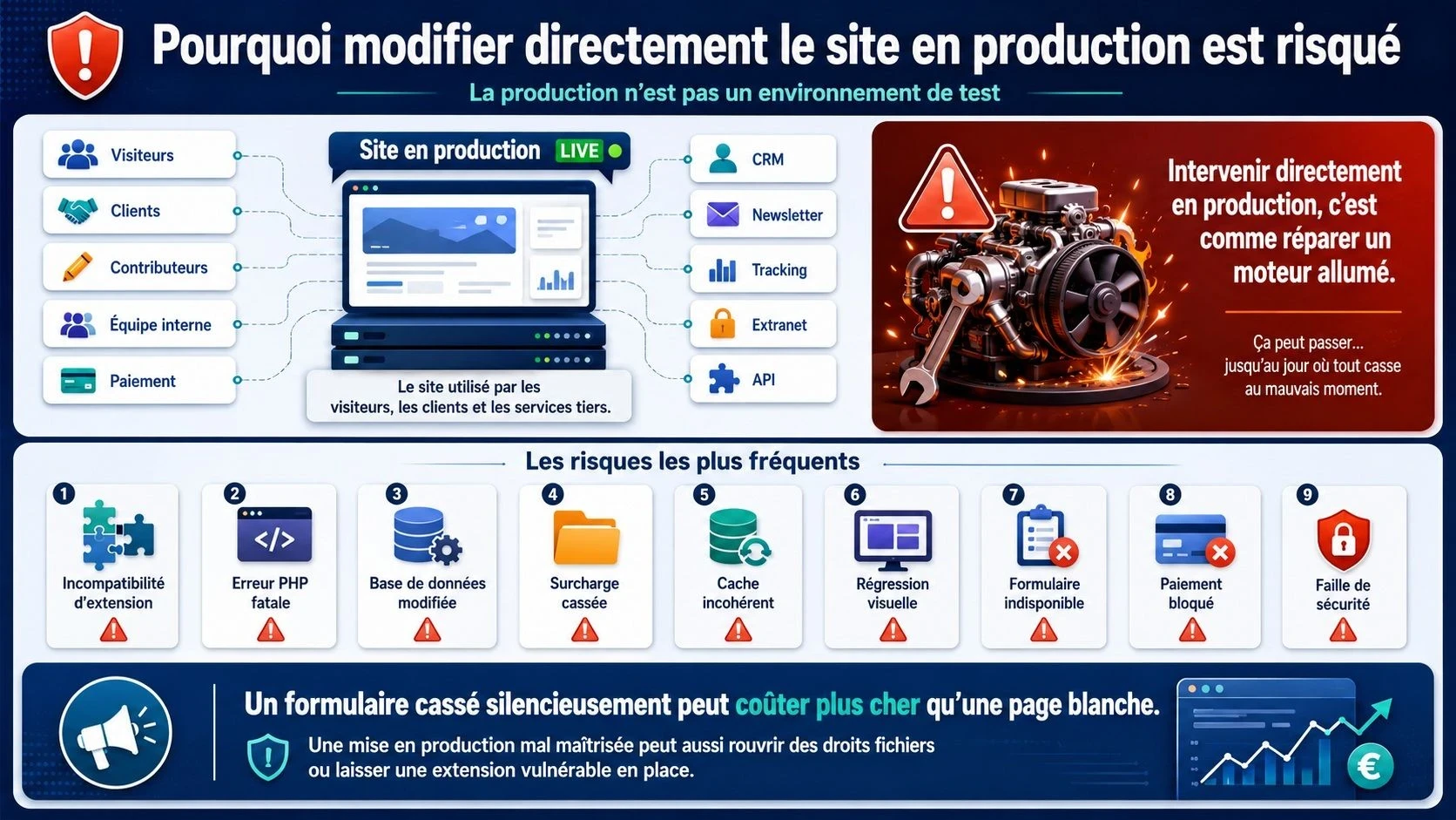 Infographie expliquant pourquoi modifier directement un site Joomla en production est risqué, avec les principaux dangers : incompatibilité d’extension, erreur PHP, base de données modifiée, surcharge cassée, cache incohérent, régression visuelle, formulaire indisponible, paiement bloqué et faille de sécurité.