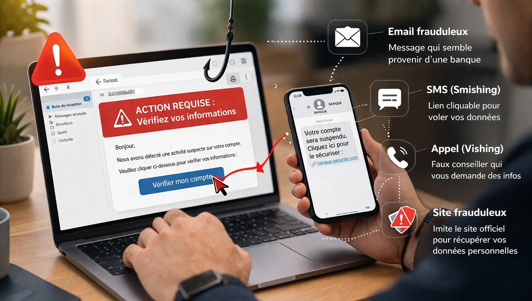 Schéma d’une attaque de phishing montrant un faux e-mail, un lien frauduleux, un faux site bancaire et le vol de données personnelles.