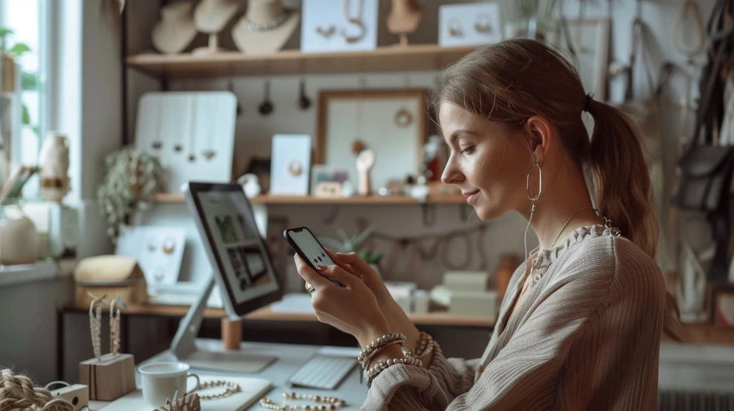 utilisatrice qui vérifie le design autant sur ordinateur que sur téléphone protable.