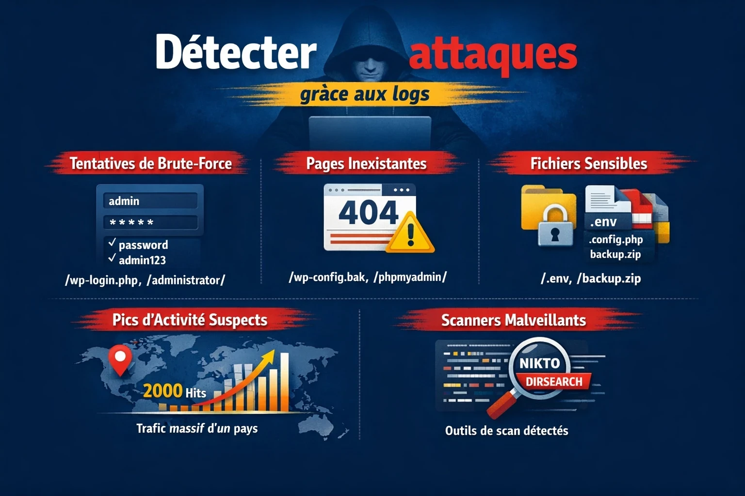 Infographie expliquant comment les logs serveur permettent de repérer brute-force, scans, fichiers sensibles et pics d’activité suspects.