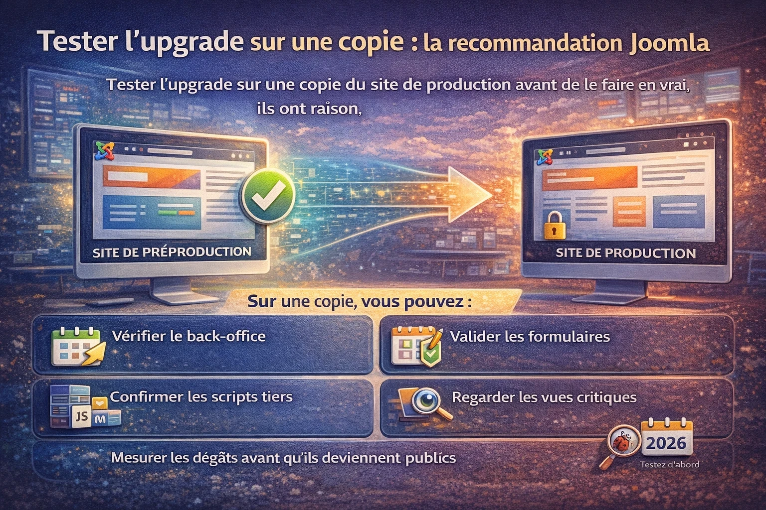 Infographie montrant l’intérêt de tester la mise à jour Joomla sur une copie du site avant passage en production