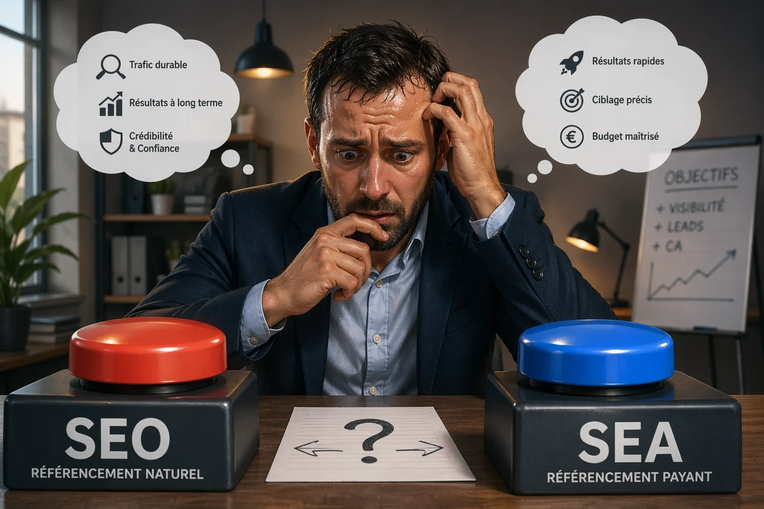 Illustration en paysage d’un dirigeant d’entreprise transpirant devant deux boutons SEO et SEA, symbolisant le choix entre référencement naturel et publicité payante