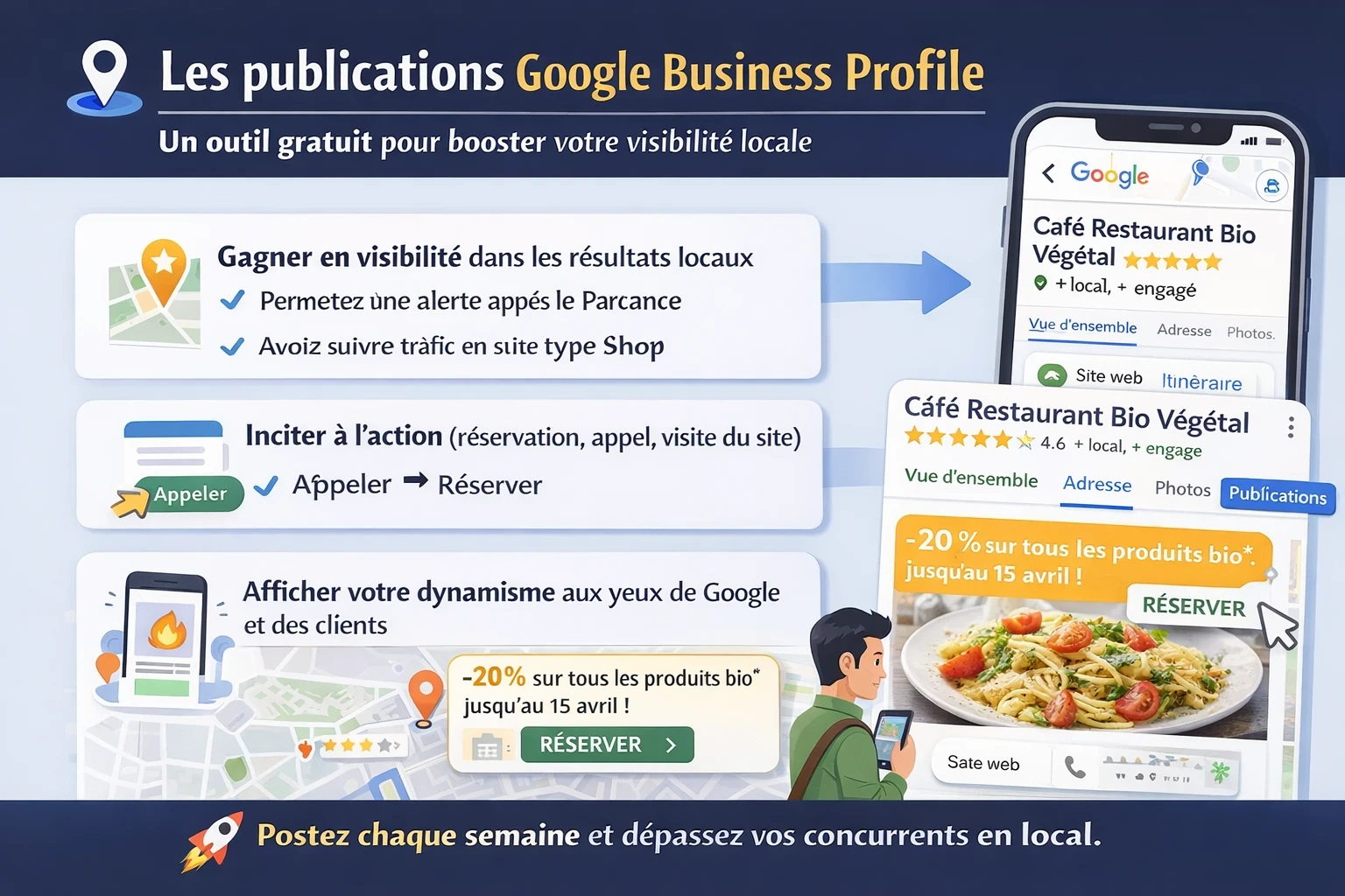 Infographie sur les publications Google Business Profile : posts hebdomadaires pour améliorer la visibilité locale, inciter à l’action (appeler, réserver, visiter le site) et montrer l’activité de l’entreprise sur Google Maps et Google Search.