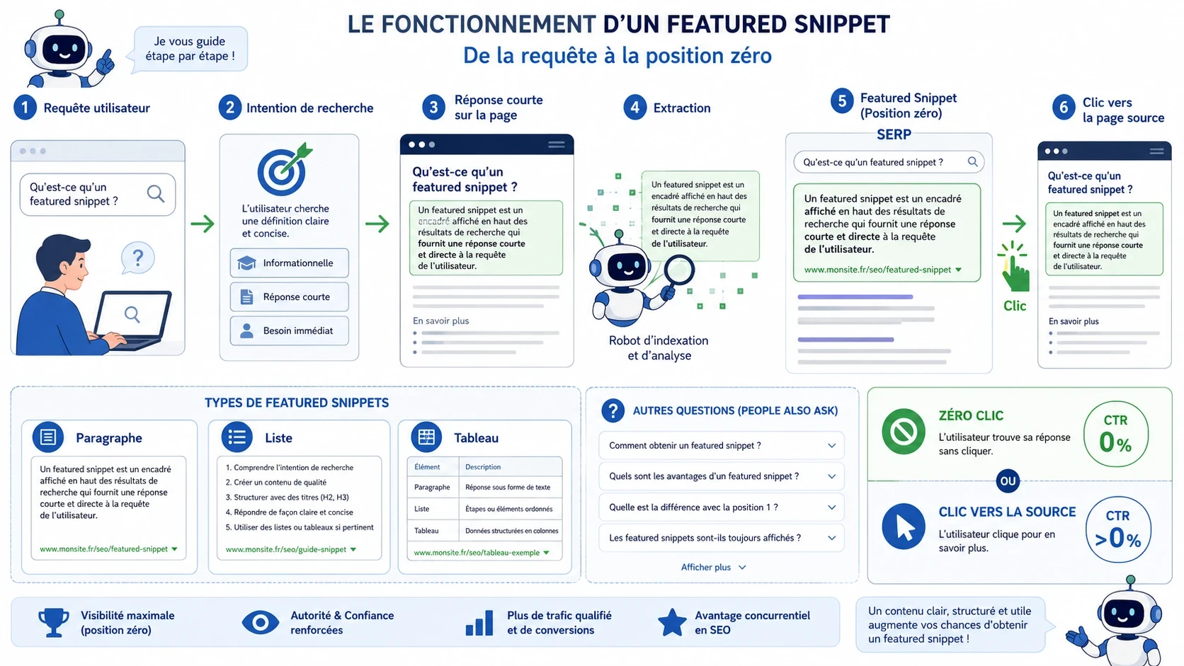 Schéma pédagogique montrant le parcours d’une requête utilisateur jusqu’à l’affichage possible d’un Featured Snippet.