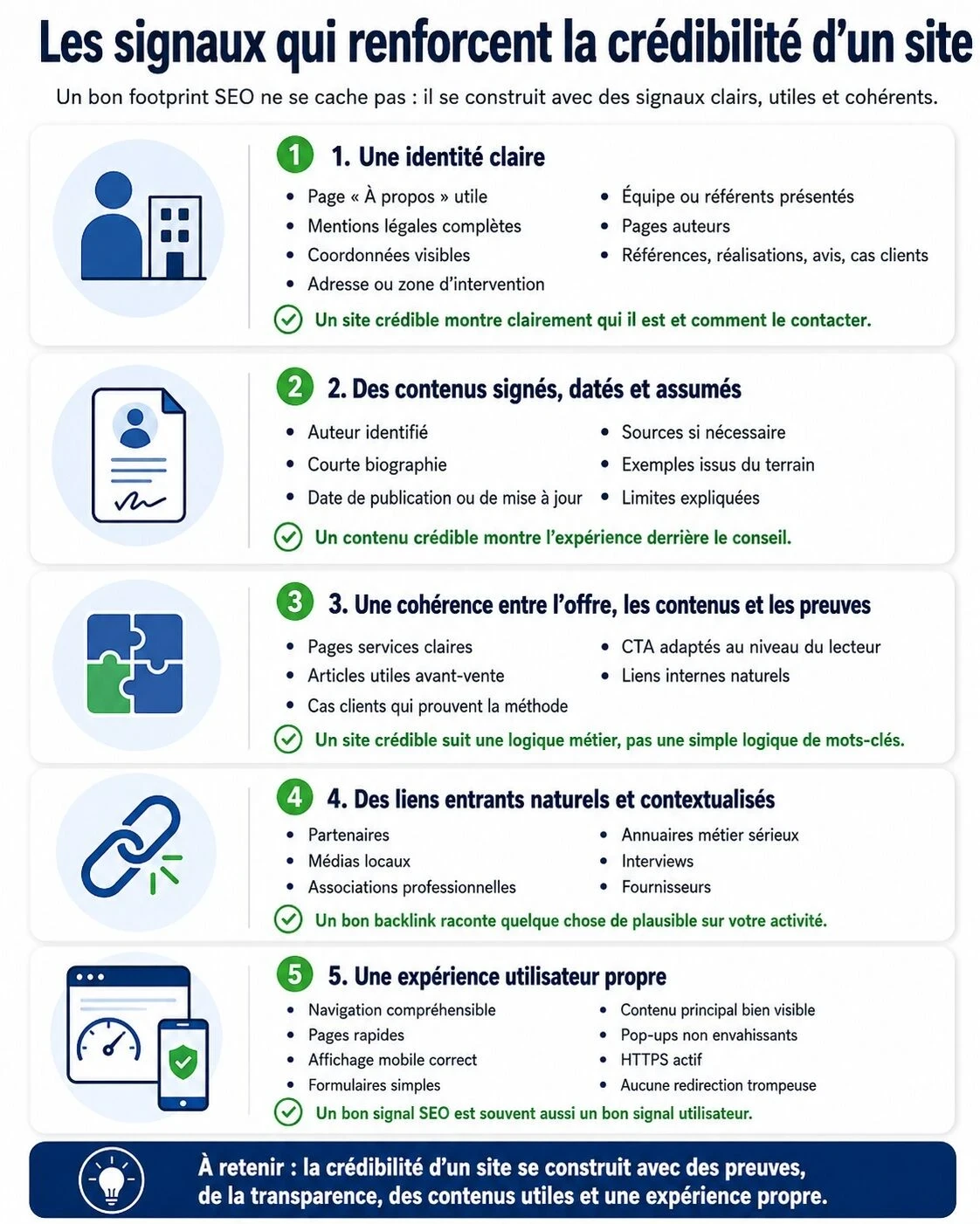 Infographie présentant cinq signaux qui renforcent la crédibilité d’un site : identité claire, contenus signés et datés, cohérence entre l’offre et les preuves, backlinks naturels et expérience utilisateur propre