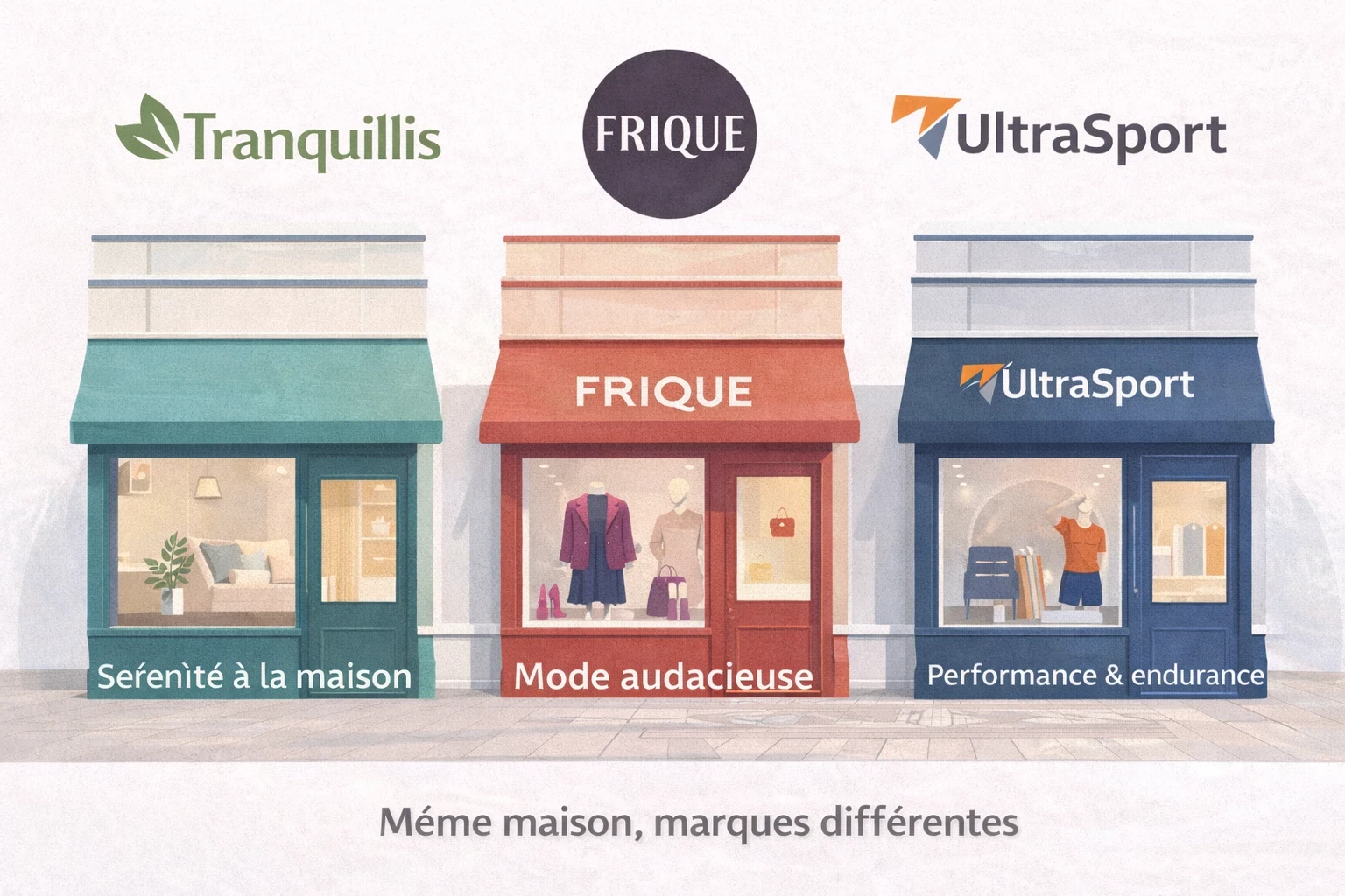 Infographie illustrant le cas n°1 “marques réellement différentes” : trois boutiques sous la même maison avec des univers distincts (maison/déco, mode, sport), des façades et couleurs différentes et une promesse propre à chaque marque, montrant qu’un multistore est pertinent quand chaque boutique se résume en une phrase totalement différente.