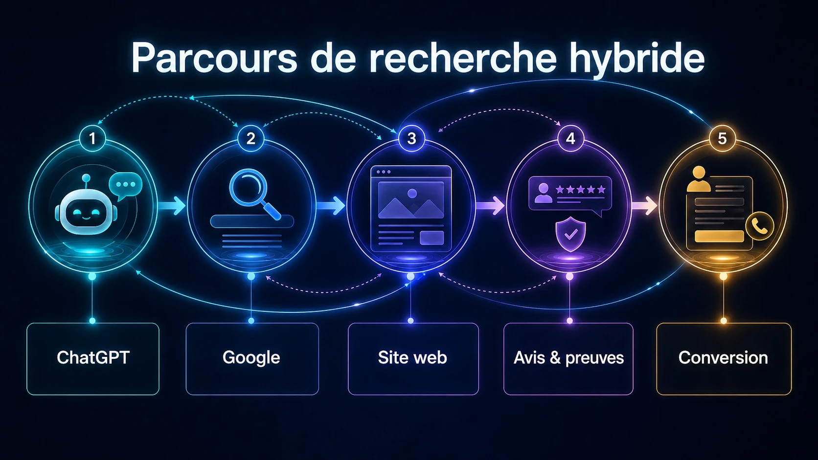 Schéma du parcours de recherche hybride entre ChatGPT, Google, site web, avis clients et conversion.