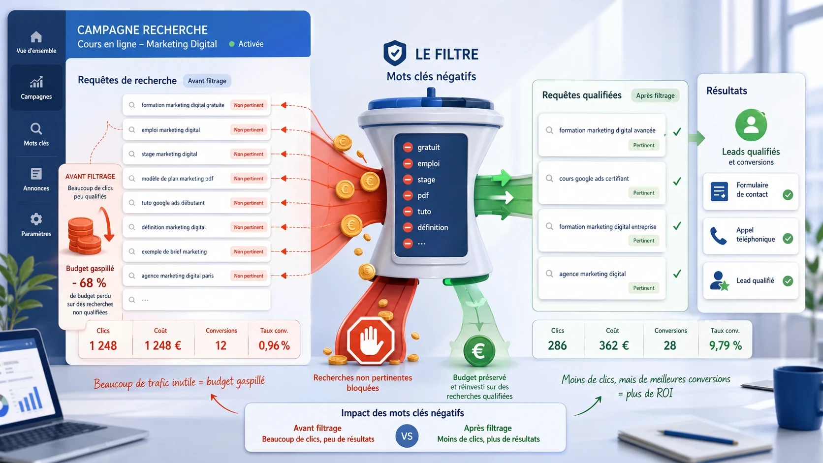 Illustration d’un audit Google Ads montrant comment les mots-clés négatifs filtrent les requêtes non pertinentes pour réduire le budget gaspillé et améliorer la qualité des leads
