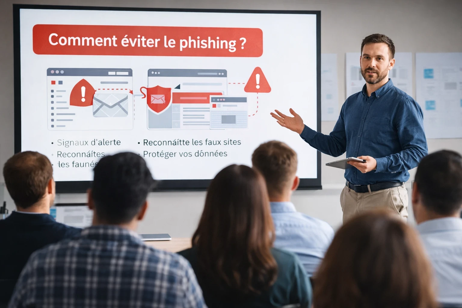Formation en entreprise à la prévention du phishing : un intervenant sensibilise des collaborateurs aux signaux d’alerte et aux bonnes pratiques de cybersécurité.
