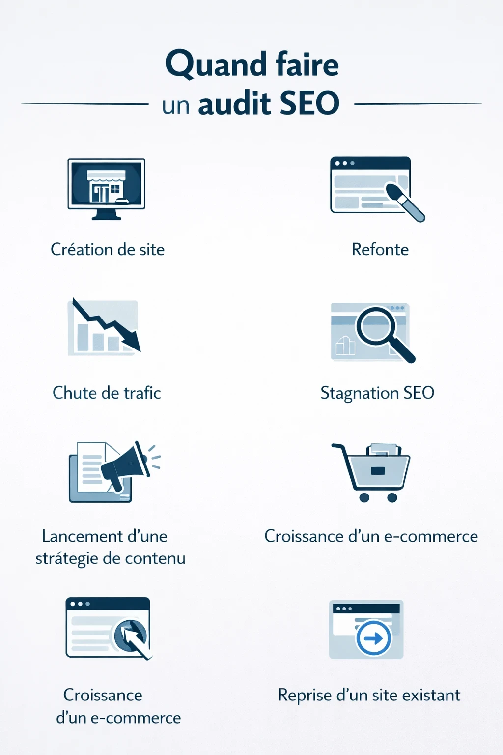 Infographie en français intitulée « Quand faire un audit SEO ». Elle montre 7 situations où lancer un audit SEO est pertinent : création de site, refonte, chute de trafic, stagnation SEO, lancement d’une stratégie de contenu, croissance d’un e-commerce et reprise d’un site existant.