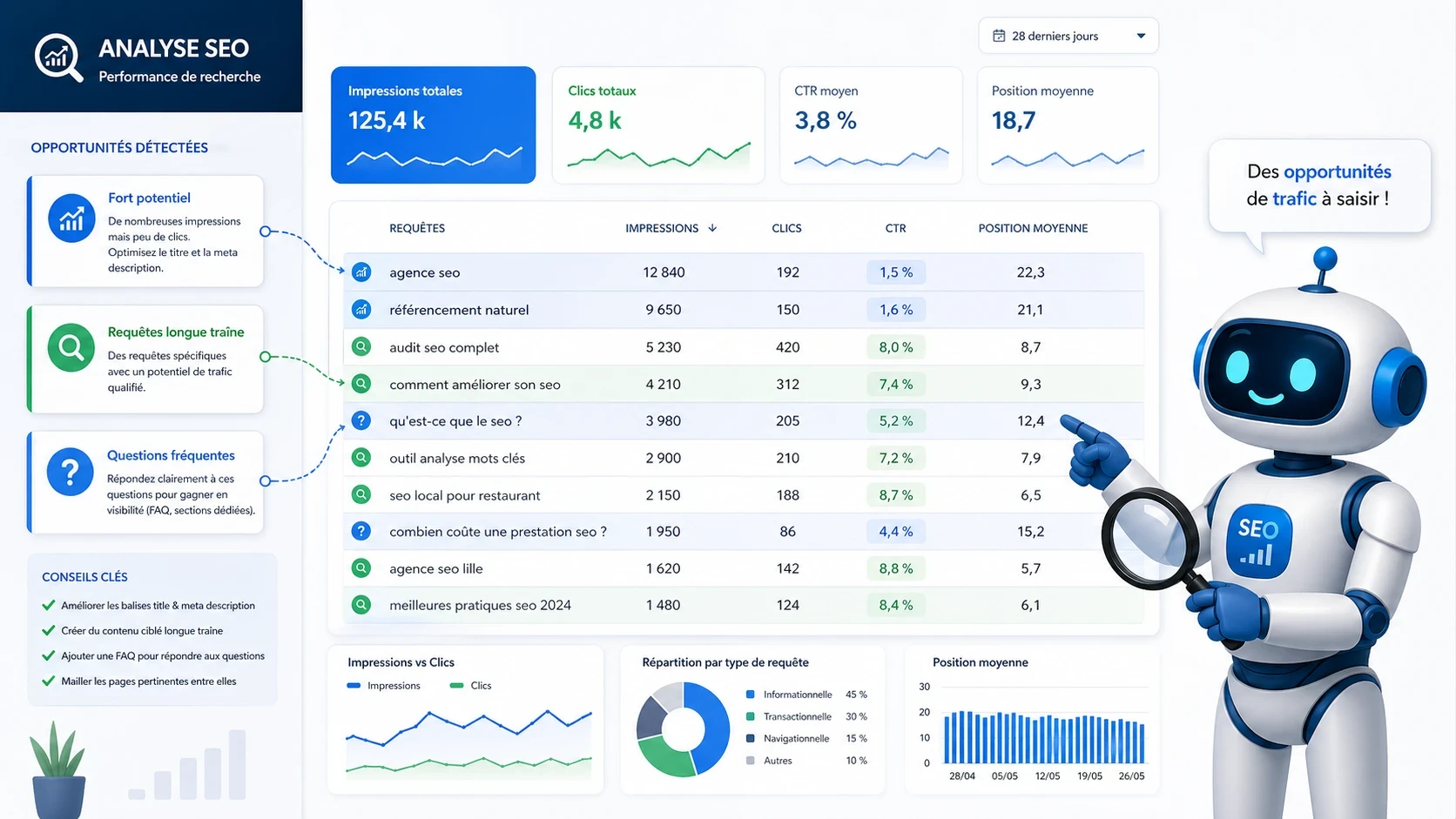 Illustration d’un tableau d’analyse SEO montrant les queries, impressions, clics, CTR et positions moyennes.