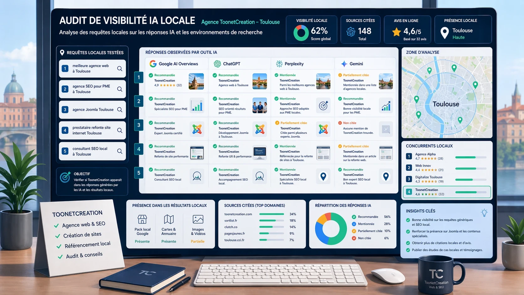 Tableau de bord d’audit de visibilité IA locale pour TooNetCreation à Toulouse montrant les requêtes locales testées, la présence dans Google AI Overviews, ChatGPT, Perplexity et Gemini, ainsi que les sources citées, avis et concurrents locaux