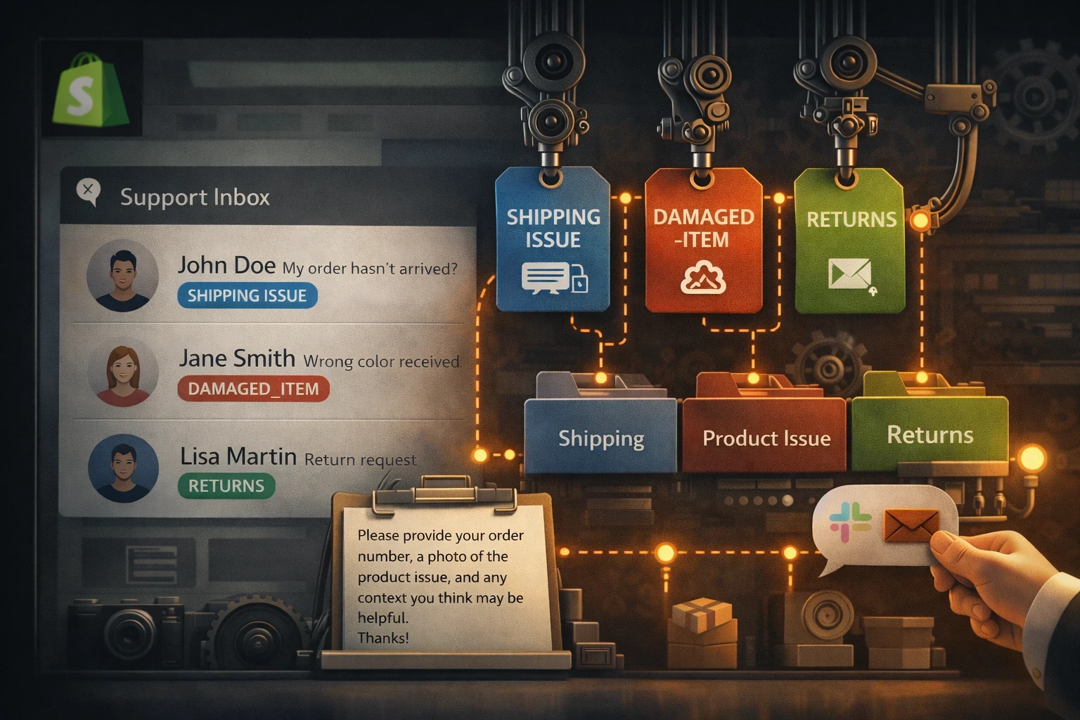 Illustration d’un workflow Shopify Flow : tri automatique des tickets SAV, ajout de tags par catégorie, assignation au bon service et message demandant les informations manquantes (numéro de commande, photos, référence).