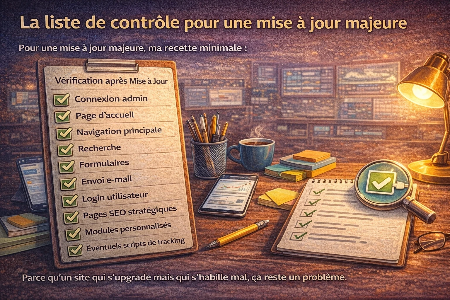 Infographie présentant une liste de contrôle après mise à jour Joomla avec connexion admin, navigation, recherche, formulaires, e-mails, login et pages stratégiques