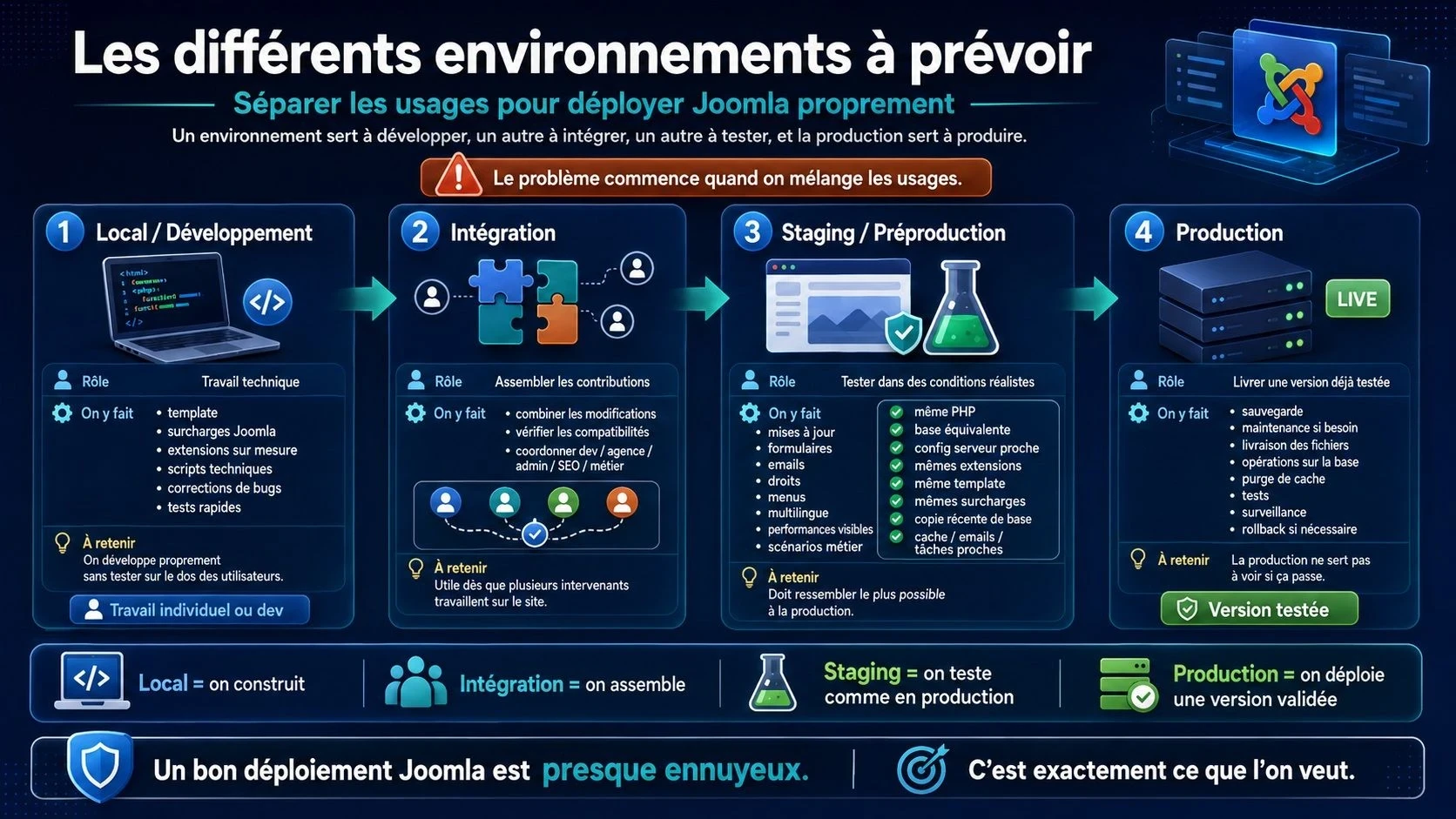 Infographie présentant les différents environnements à prévoir pour un déploiement Joomla : local ou développement, intégration, staging ou préproduction, puis production, avec leur rôle et leurs usages respectifs.