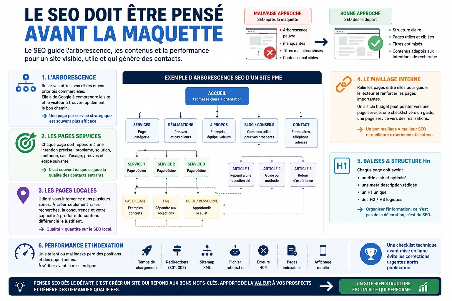 Infographie expliquant pourquoi le SEO doit être pensé avant la maquette avec arborescence, pages services, maillage interne, balises Hn, performance et indexation