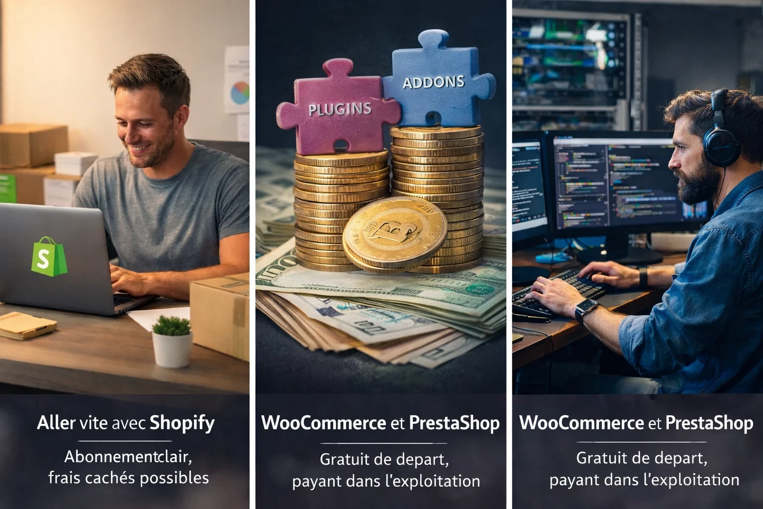 Triptyque photo comparant la facturation e-commerce : à gauche un marchand sur Shopify avec l’idée d’un abonnement clair, au centre des piles de pièces et des pièces de puzzle “plugins” et “addons” symbolisant les coûts d’extensions, à droite un développeur au travail illustrant les coûts d’exploitation et de maintenance sur WooCommerce et PrestaShop.