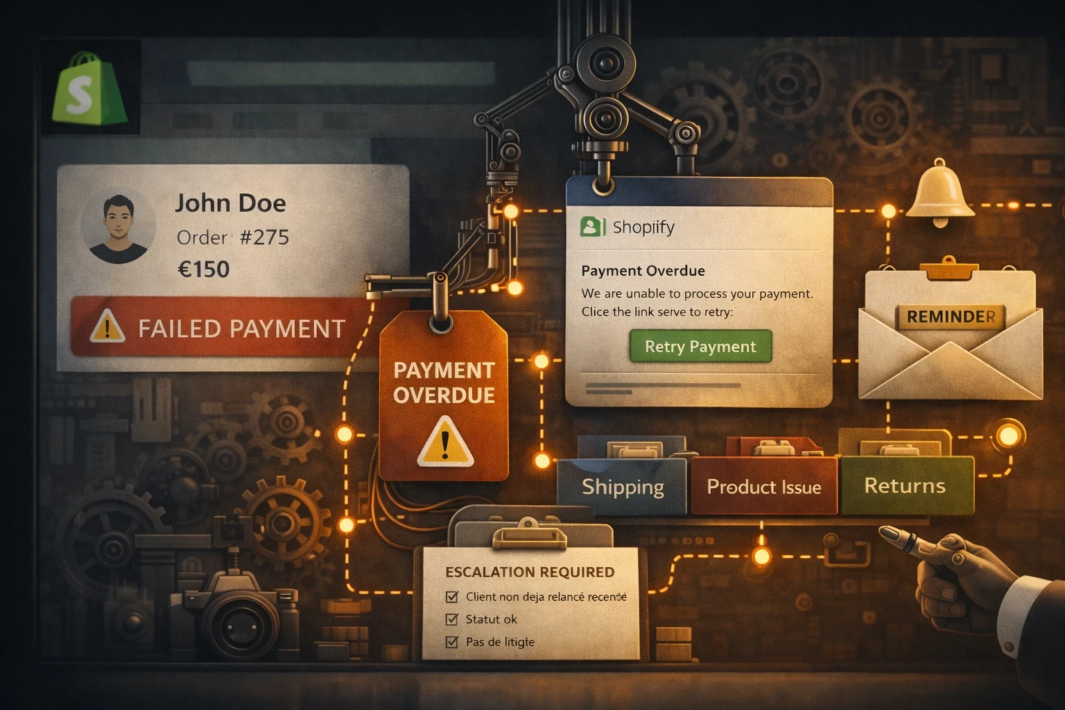 Illustration d’un workflow Shopify Flow : paiement échoué détecté, relance automatique par email avec lien de paiement, second rappel puis escalade interne si non résolu.