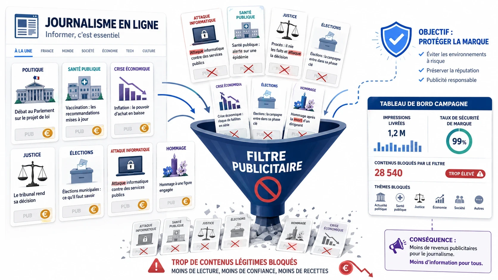 Illustration montrant un filtre publicitaire qui bloque de nombreux articles de presse légitimes sur des sujets comme la santé, la justice, l’économie ou les élections, entraînant une perte de revenus pour le journalisme en ligne.