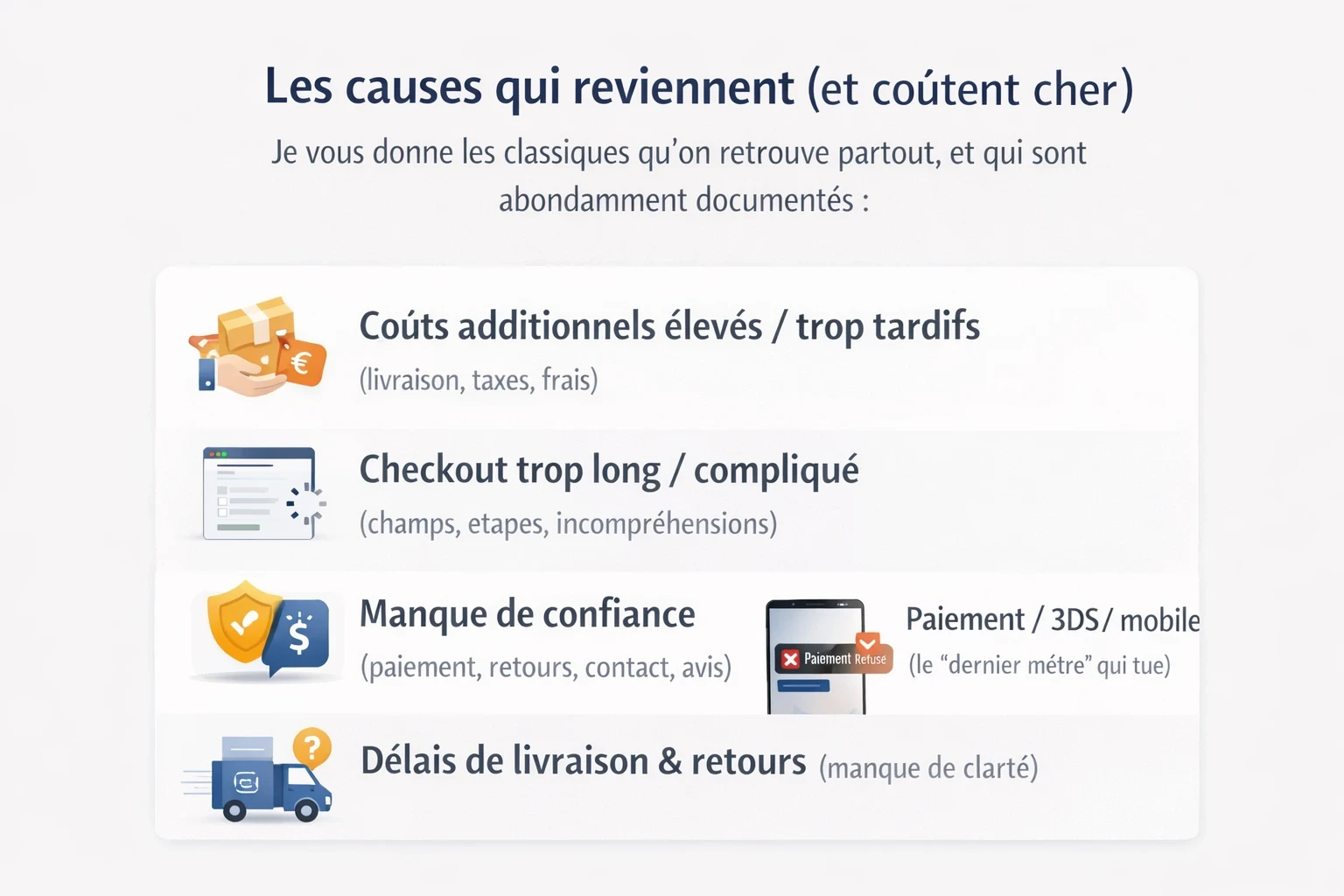 Infographie “Les causes qui reviennent (et coûtent cher)” avec 5 pictos : euro et colis (frais), formulaire (checkout compliqué), bouclier (confiance), smartphone paiement refusé (3DS/mobile), camion (délais livraison et retours).