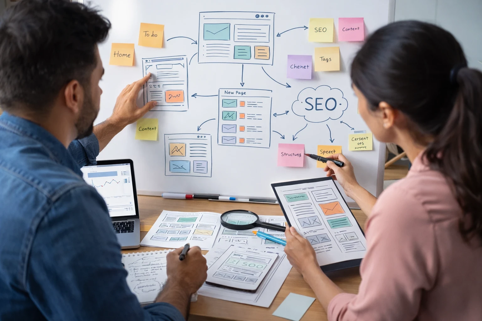 Deux experts web préparent la refonte d’un site internet à partir de maquettes, d’une arborescence et d’éléments SEO sur tableau
