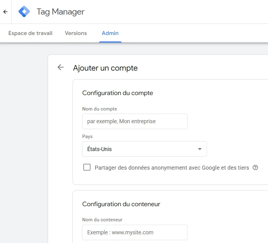 exemple sous gtm pour la création d'un compte qui permettra ensuite d'installer GA4