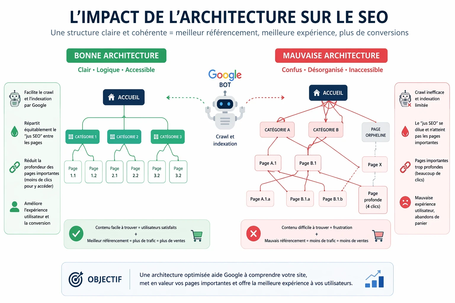 Infographie comparant une bonne architecture de site web et une mauvaise architecture SEO, montrant l’impact sur le crawl Google, la profondeur des pages, la répartition du jus SEO et l’expérience utilisateur