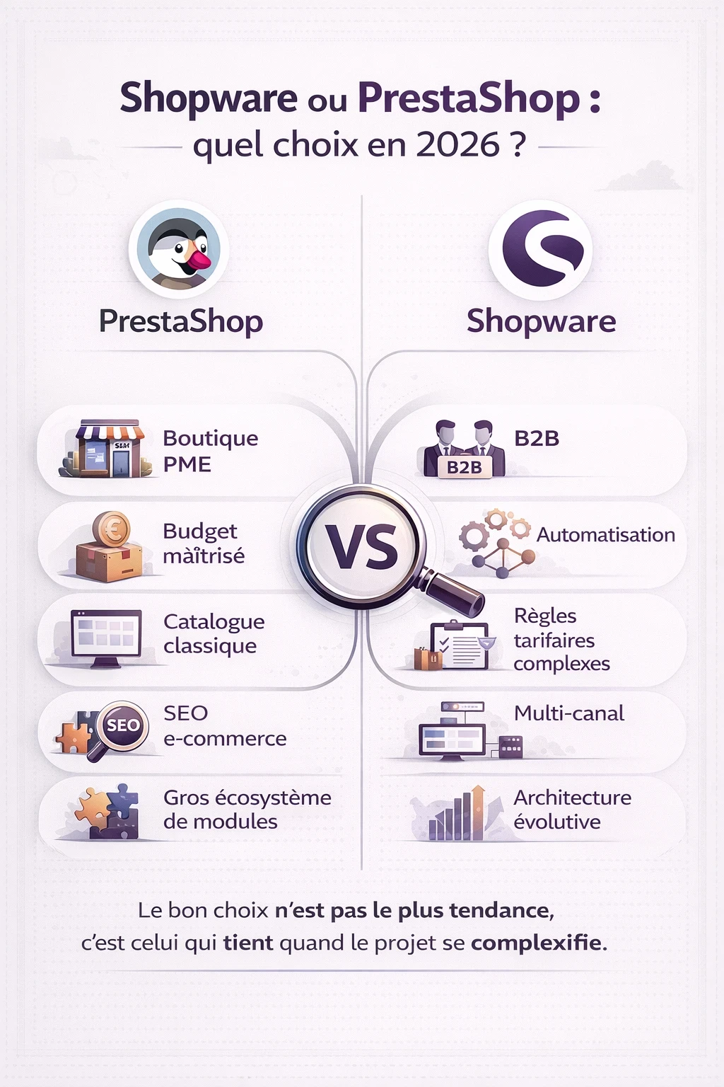 Infographie verticale “Shopware ou PrestaShop : quel choix en 2026 ?” comparant les points forts de PrestaShop pour les boutiques PME et ceux de Shopware pour les projets e-commerce B2B, automatisés et évolutifs.