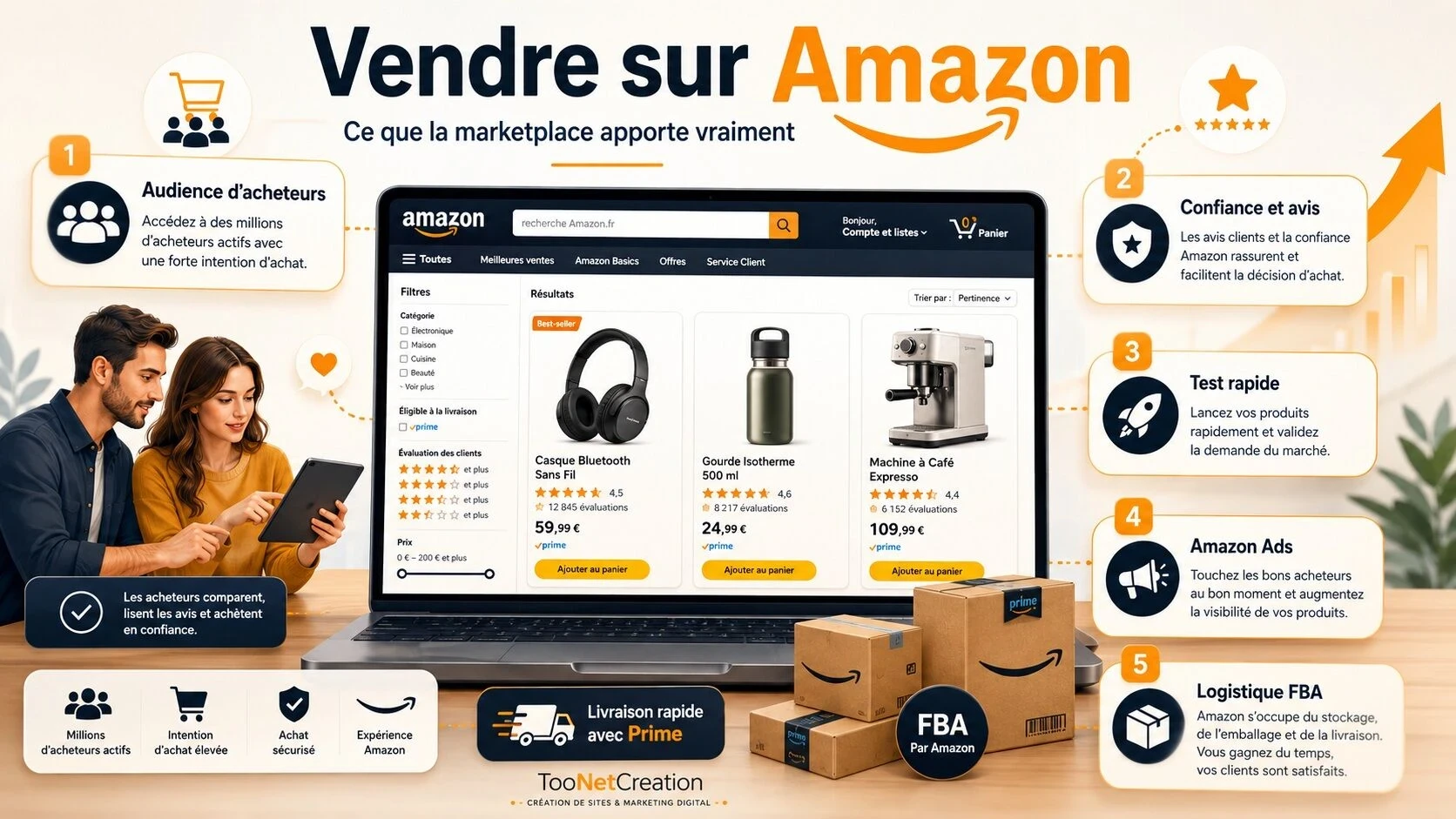 Exemple visuel des avantages d’Amazon pour vendre en ligne : audience, avis, Amazon Ads et logistique FBA