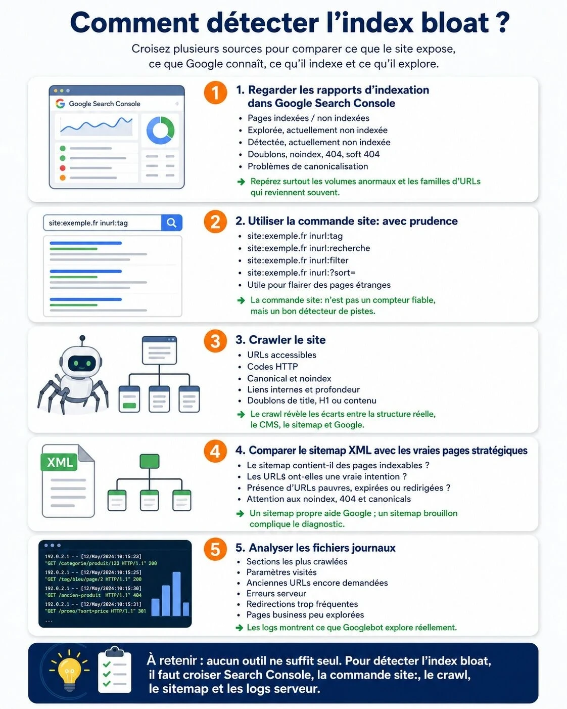 Infographie expliquant comment détecter l’index bloat en croisant Google Search Console, la commande site:, le crawl du site, le sitemap XML et les logs serveur