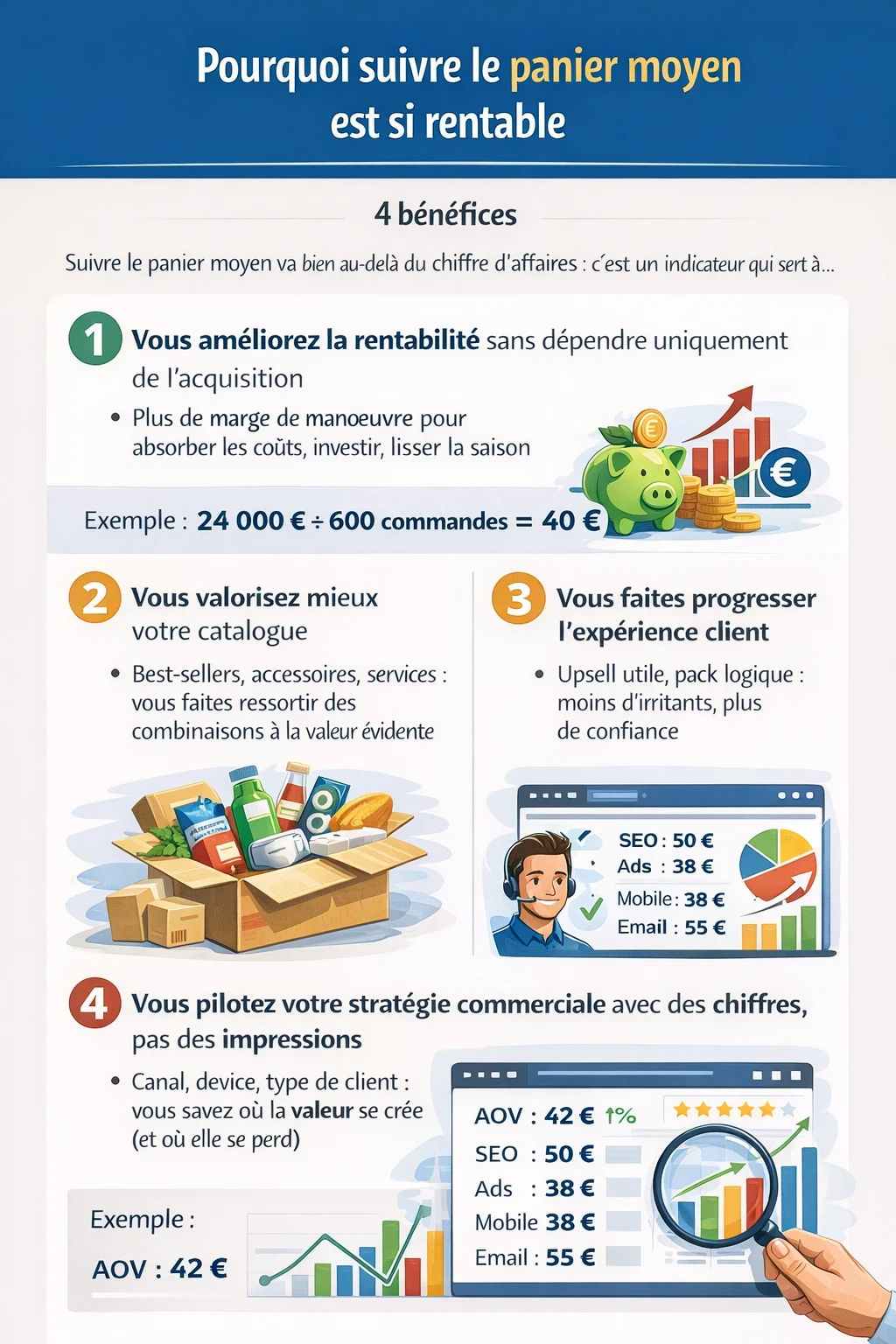 Infographie “Pourquoi suivre le panier moyen est si rentable” présentant 4 bénéfices : améliorer la rentabilité sans dépendre de l’acquisition, mieux valoriser le catalogue, faire progresser l’expérience client, piloter avec des chiffres. Exemple intégré : 24 000 € / 600 commandes = 40 € et tableau AOV par canal (SEO, Ads, mobile, email).