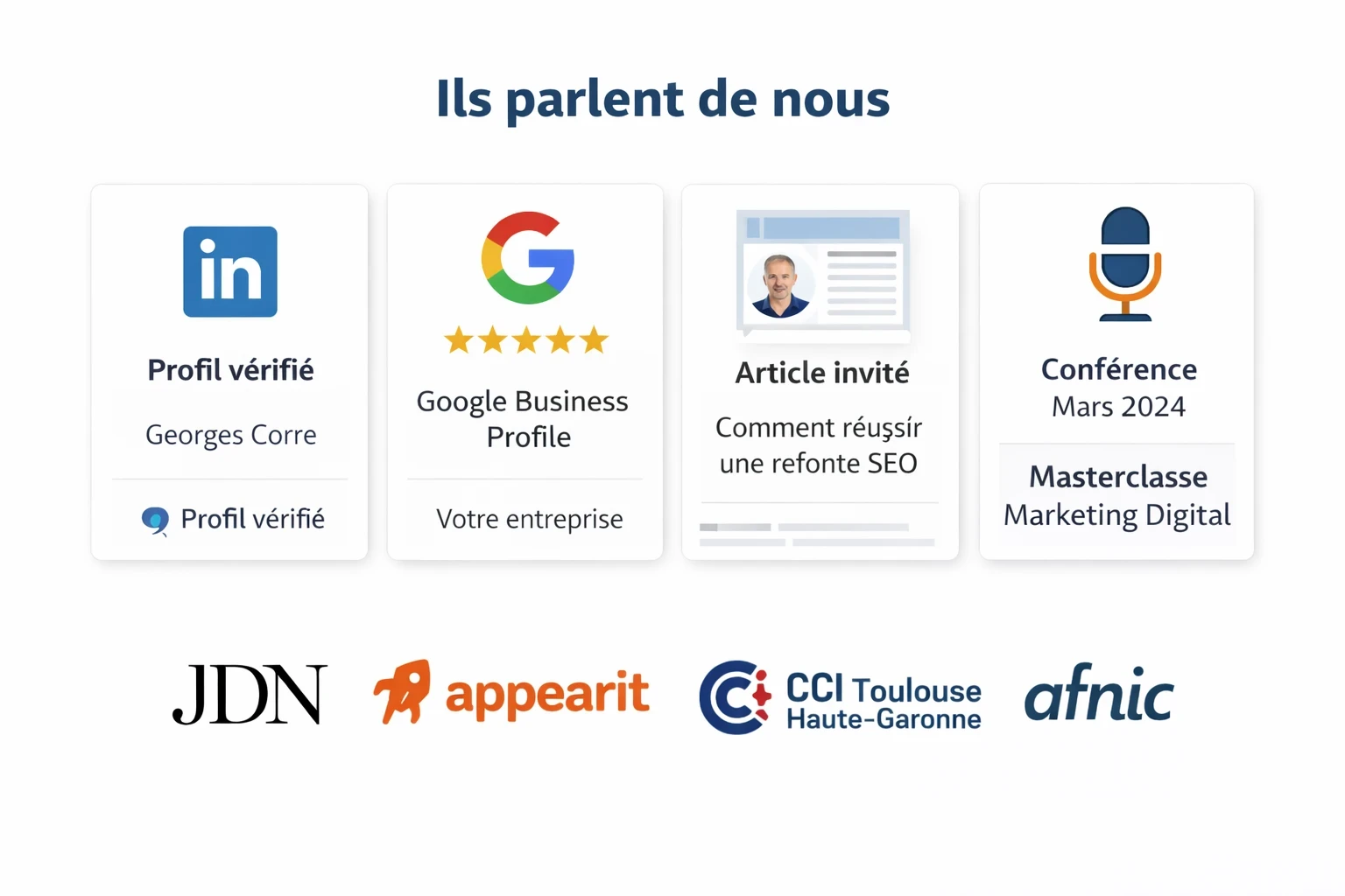 Section de site intitulée “Ils parlent de nous” avec quatre cartes de preuves externes. Une carte LinkedIn affiche “Profil vérifié” et le nom Georges Corre. Une carte Google Business Profile montre une note cinq étoiles. Une carte “Article invité” affiche un aperçu d’article sur la refonte SEO. Une carte “Conférence” indique une intervention “Masterclasse Marketing Digital” en mars 2024. En bas, une rangée de logos illustre des sources ou partenaires externes.