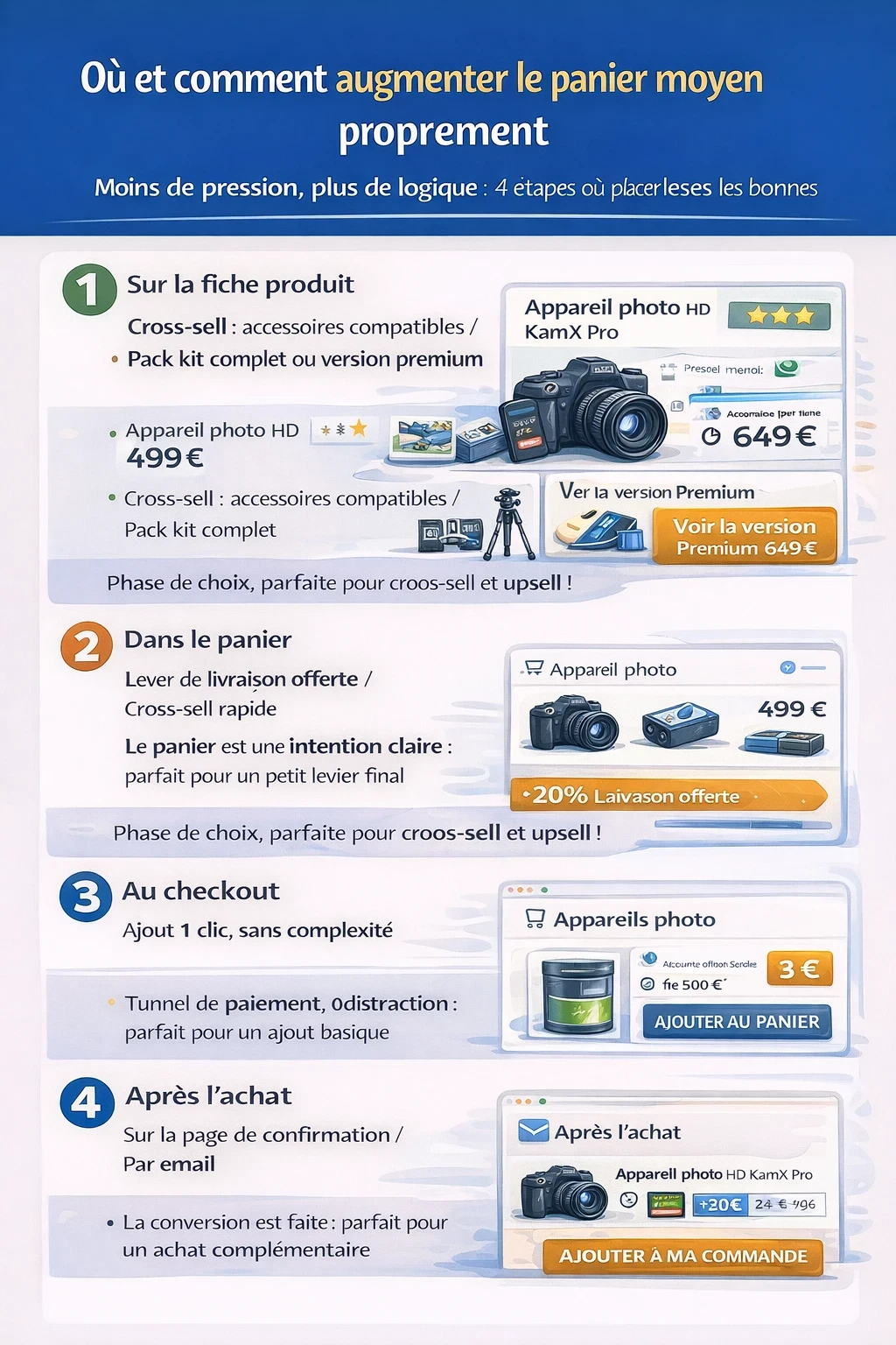 Infographie “Où et comment augmenter le panier moyen proprement” montrant 4 emplacements clés : 1) fiche produit (cross-sell utile + pack/upsell simple), 2) panier (seuil de livraison offerte + cross-sell en 1 clic), 3) checkout (ajout très simple sans perturber le paiement), 4) après l’achat (ajout sur page de confirmation ou par email), avec exemples illustrés d’une boutique et de cartes produit.