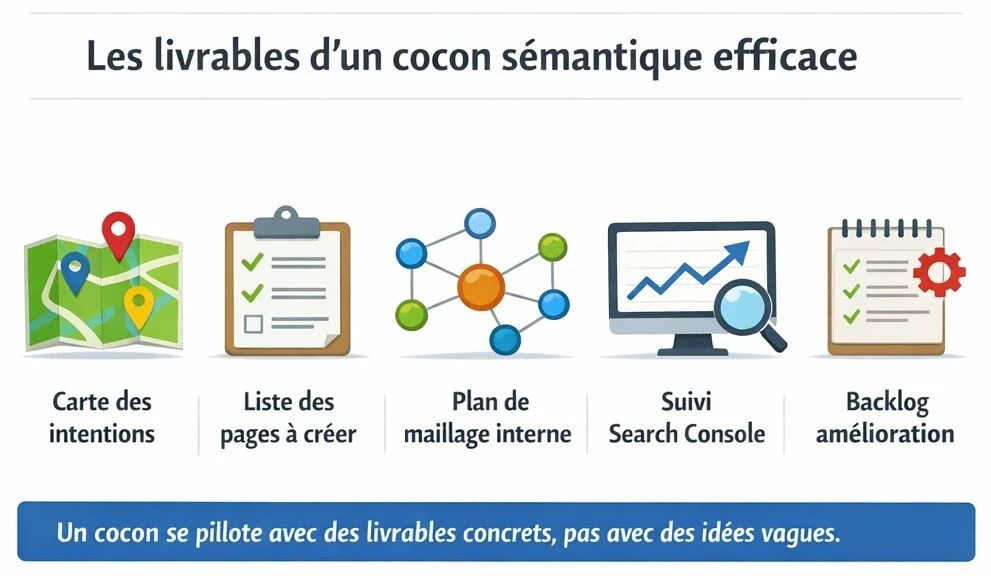 Infographie Les livrables d’un cocon sémantique efficace avec cinq éléments clés carte des intentions, liste des pages à créer, plan de maillage interne, suivi Search Console et backlog d’amélioration.