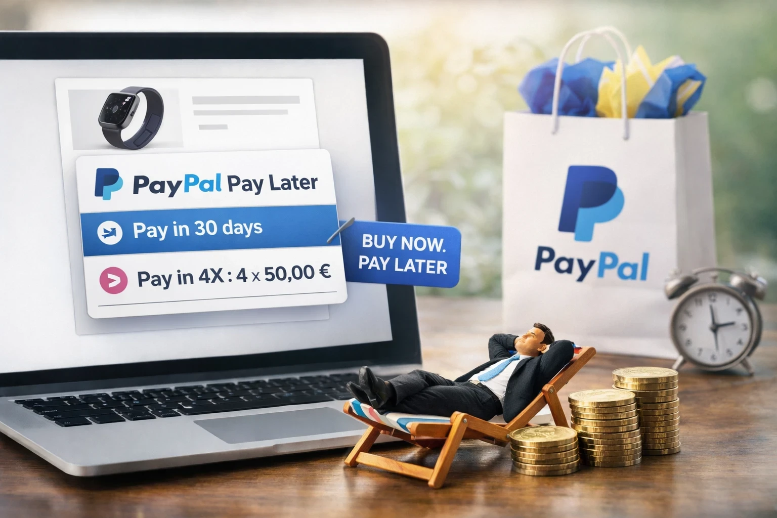 Paiement PayPal Pay Later (30 jours ou 4x) affiché sur un checkout e-commerce, avec codes visuels “confiance” PayPal et activation simple, mais une expérience plus “standardisée” que Stripe.