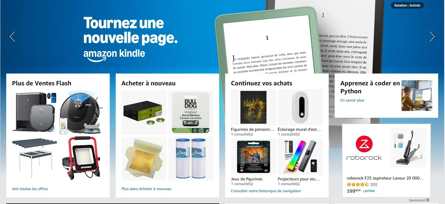 page d'accueil du portail de vente d'amazon france