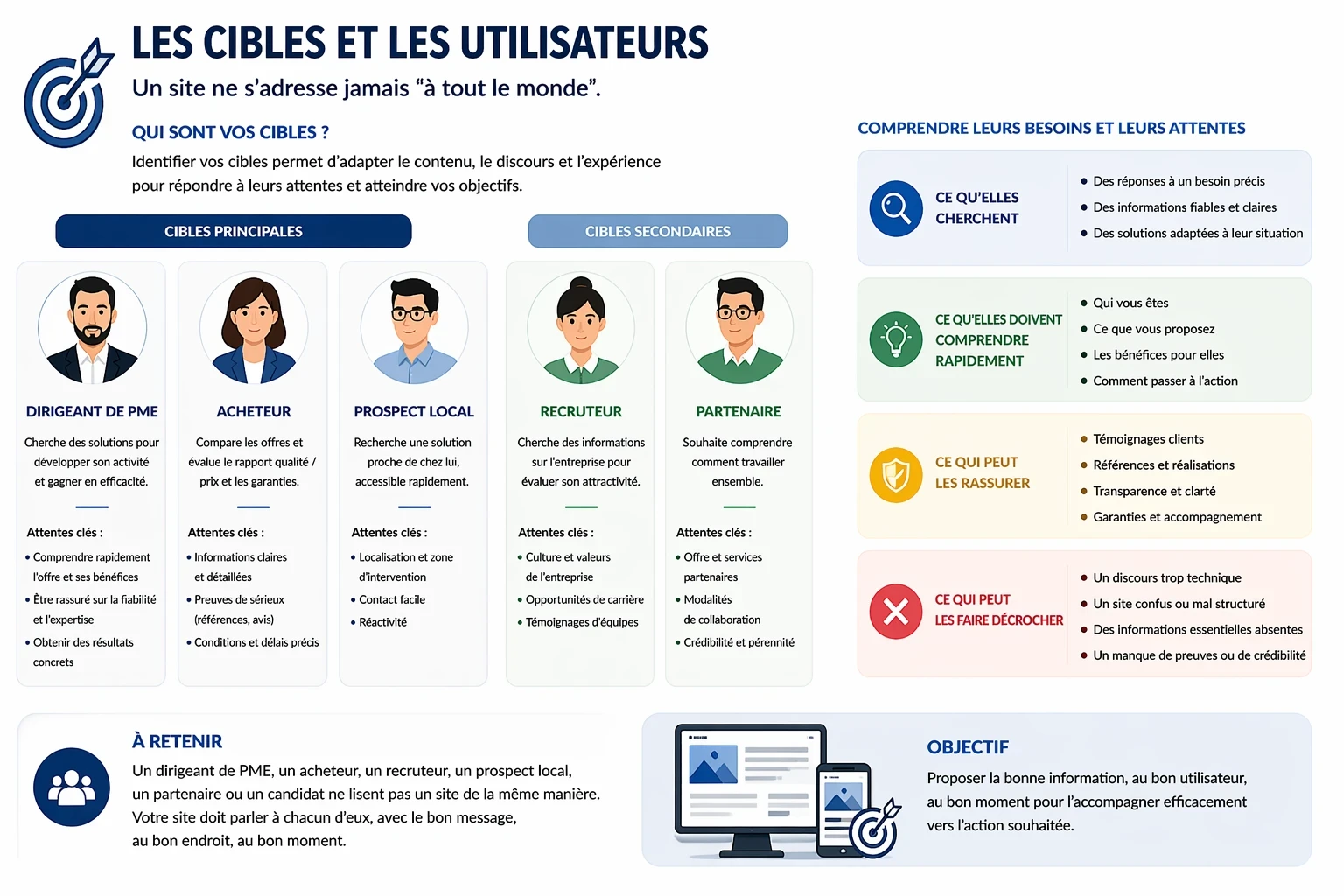 Infographie illustrant les cibles et utilisateurs d’un site internet, avec des profils comme dirigeant de PME, acheteur, prospect local, recruteur et partenaire, ainsi que leurs attentes, besoins, éléments de réassurance et freins possibles.