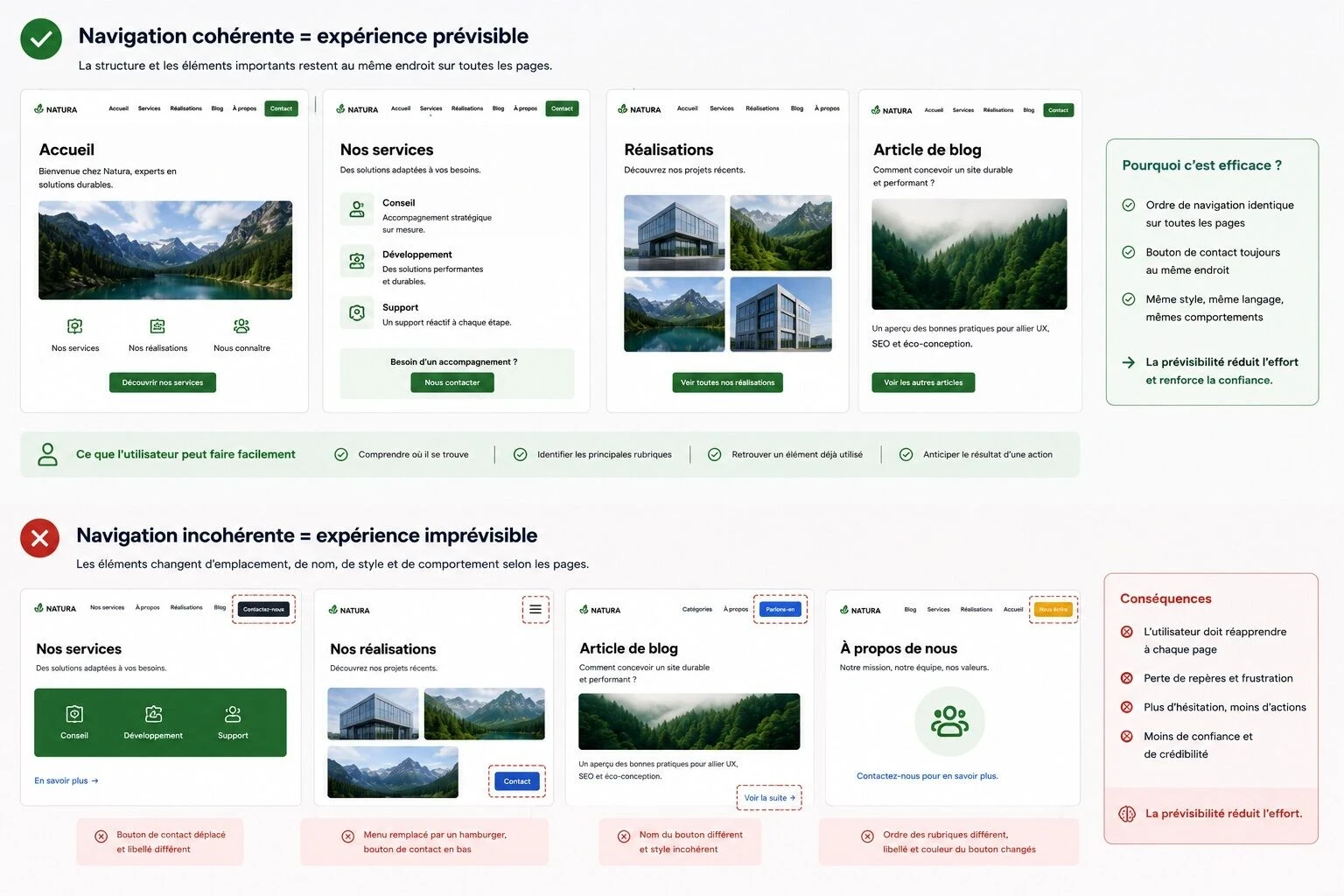Illustration comparant une navigation cohérente, où le menu et le bouton de contact restent identiques sur toutes les pages, à une navigation incohérente qui oblige l’utilisateur à réapprendre l’interface et augmente l’effort.